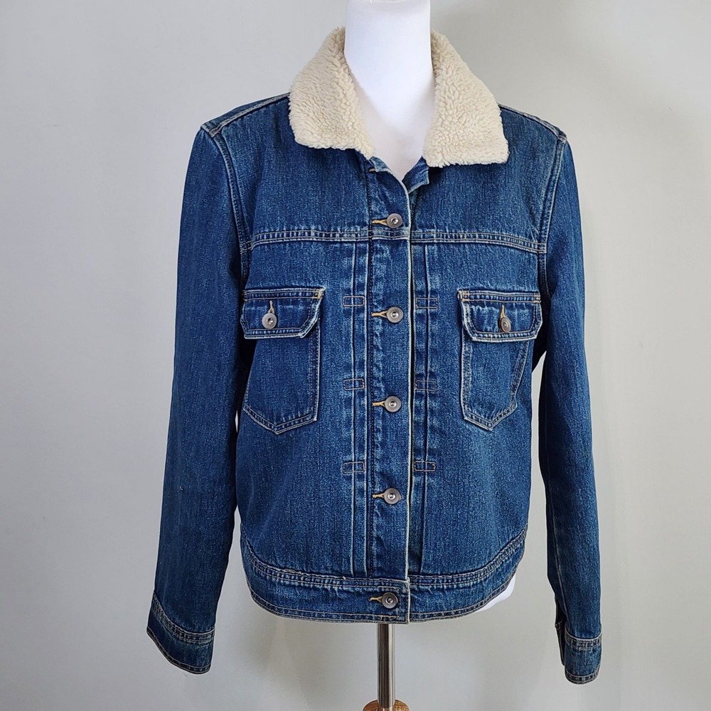 Old Navy Denim Jacket Sherpa Lined Womens Large Blue Faux Fur Trucker Coat Warm